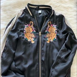 Black Bomber Jacket with embroidery detail